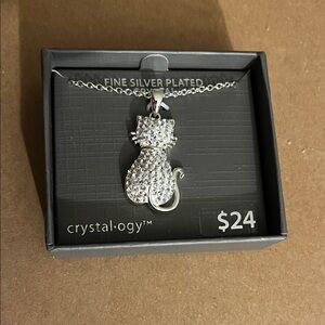 FINE Silver Plated Crystal Cat Pendant Necklace